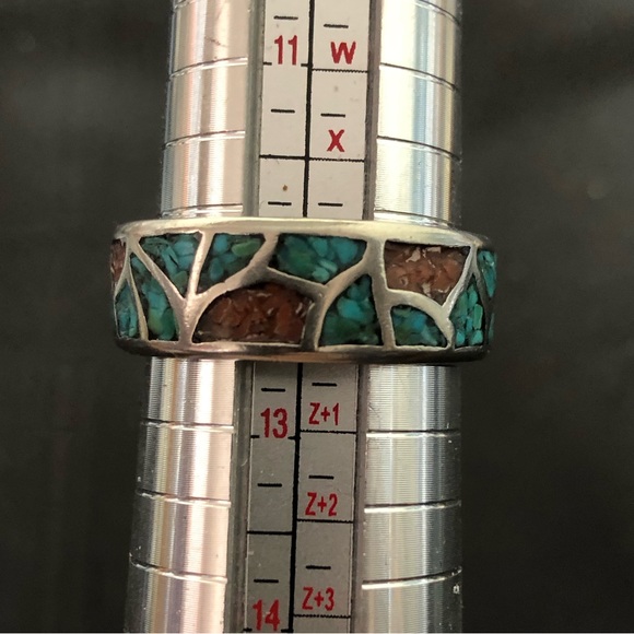 Southwest Native Sterling Silver Crushed Turquoise Coral Mosaic Ring Sz 12-1/2 - Picture 10 of 17
